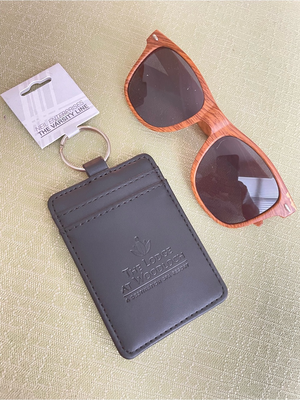 Custom Branded Black Leather ID Credit Card Holder & Woodgrain-Look Sunglasses